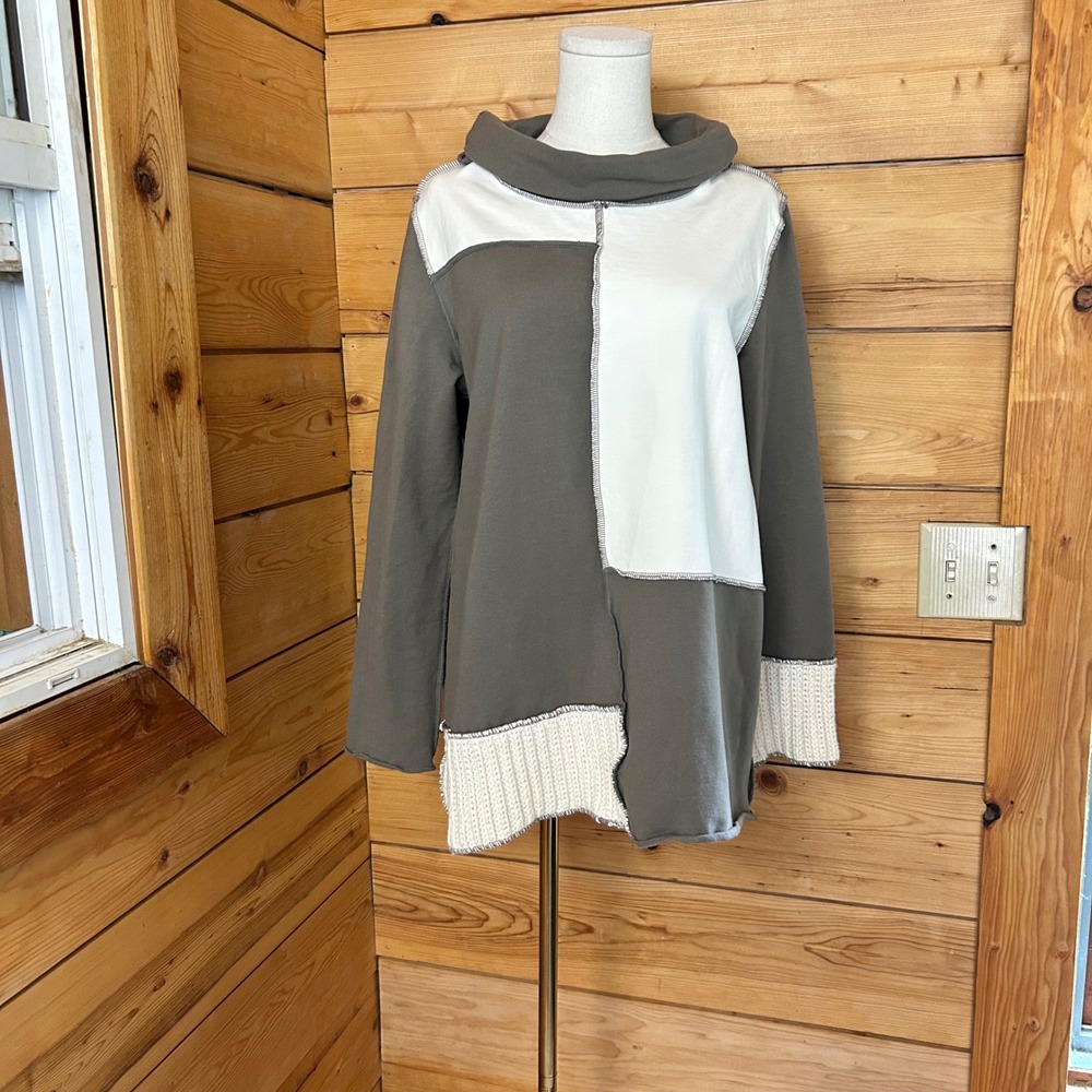 Patchwork Tunic Sweater Women Large Green Lagenlook Cowl Neck Neon Buddha